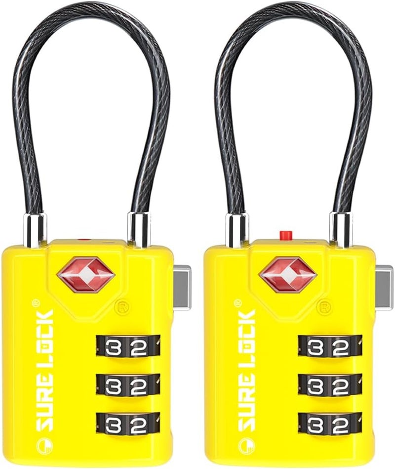 SURE LOCK TSA Approved Combination Luggage Locks with Open Alert Indicator – Durable Zinc Alloy Cable Travel Locks with Large Easy-Read Dials for Suitcases, Backpacks & Gym Bags(2, Yellow) - Image 1